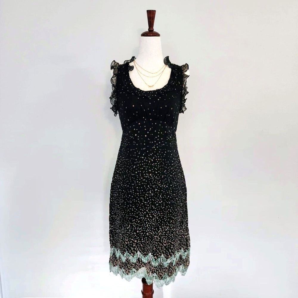 ANNA SUI | ANTHROPOLOGY 100% Silk Polkadot Midi Dress Size 2 Ruffle Sleeveless
